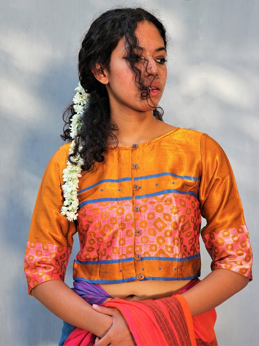 

Chidiyaa Printed Three-Quarter Sleeves Silk Saree Blouse, Orange
