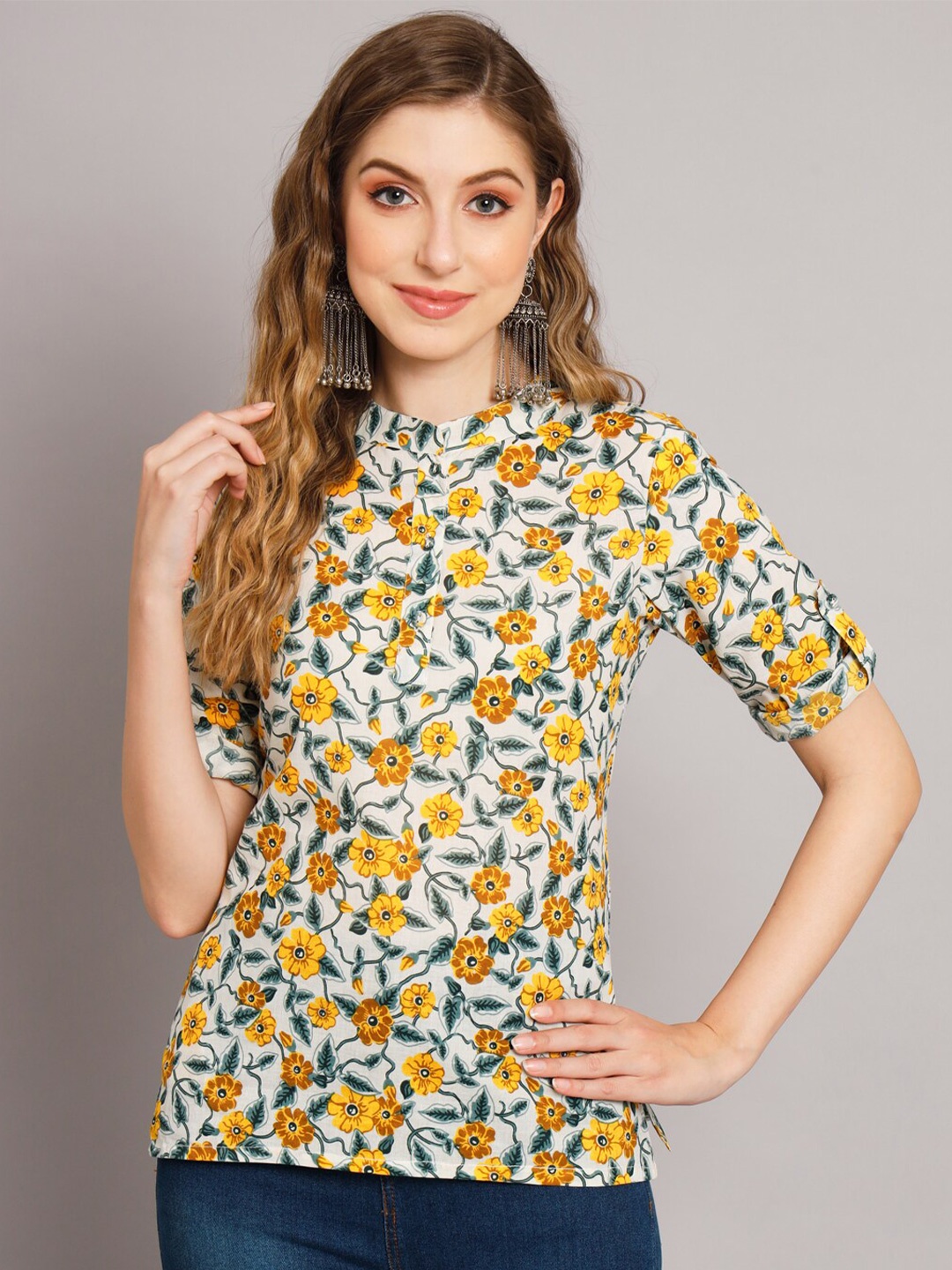 

DECKEDUP Floral Print Mandarin Collar Pure Cotton Top, Cream