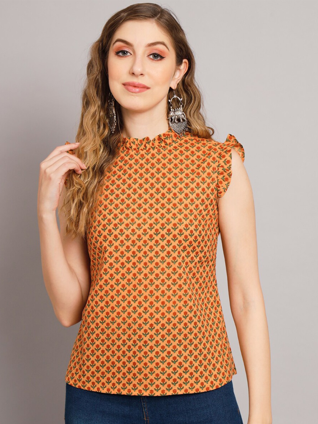 

DECKEDUP Floral Print Cotton Top, Peach
