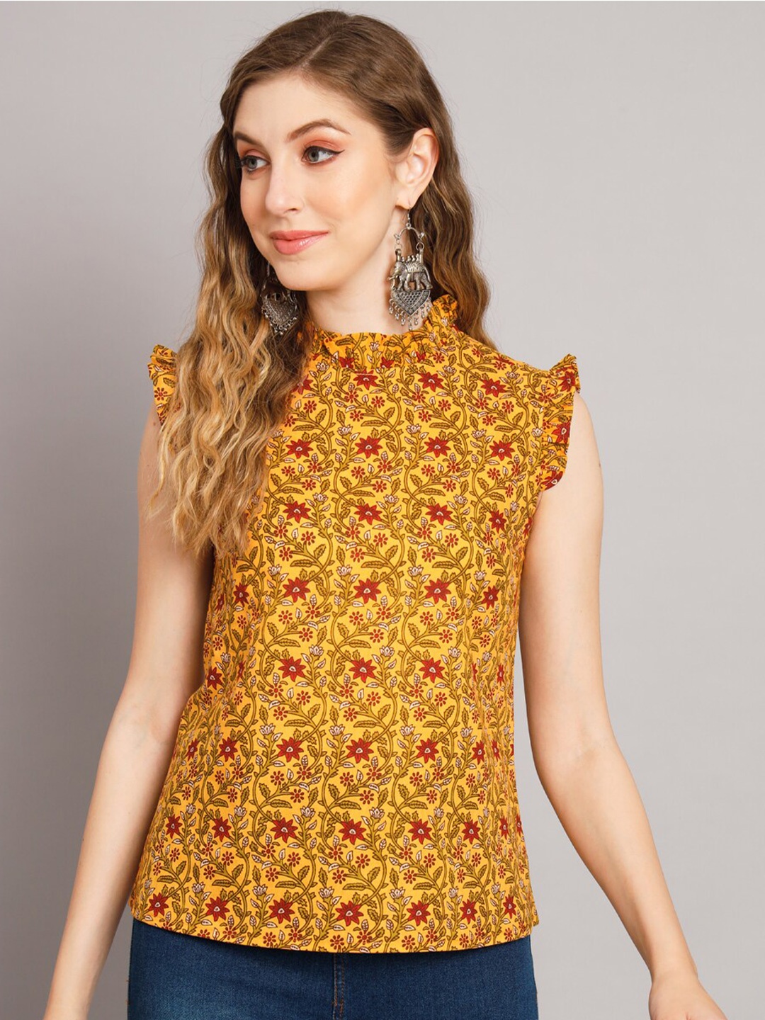 

DECKEDUP Floral Print Flutter Sleeve Cotton Top, Mustard