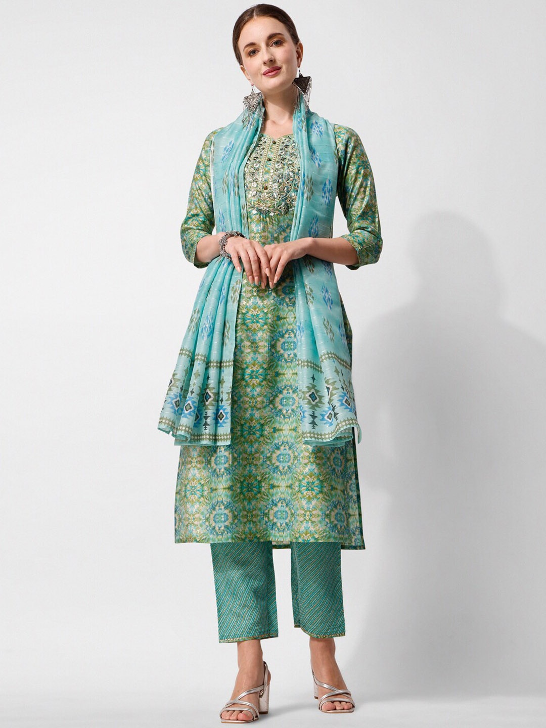

Berrylicious Floral Yoke Design Mirror Work Chanderi Cotton Kurta with Trousers & Dupatta, Green
