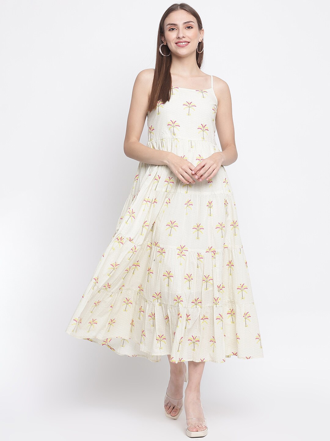 

IMARA Tropical Printed Tiered Fit & Flare Midi Cotton Dress, Off white