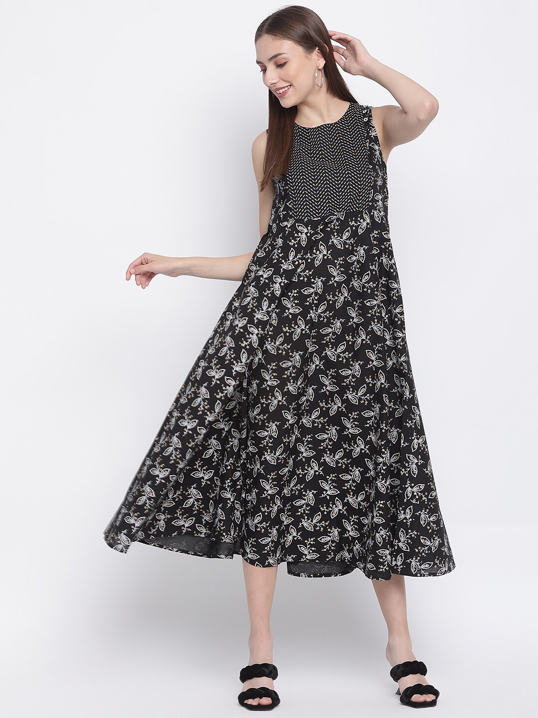 

IMARA Black Ethnic Motifs Print A-Line Midi Dress