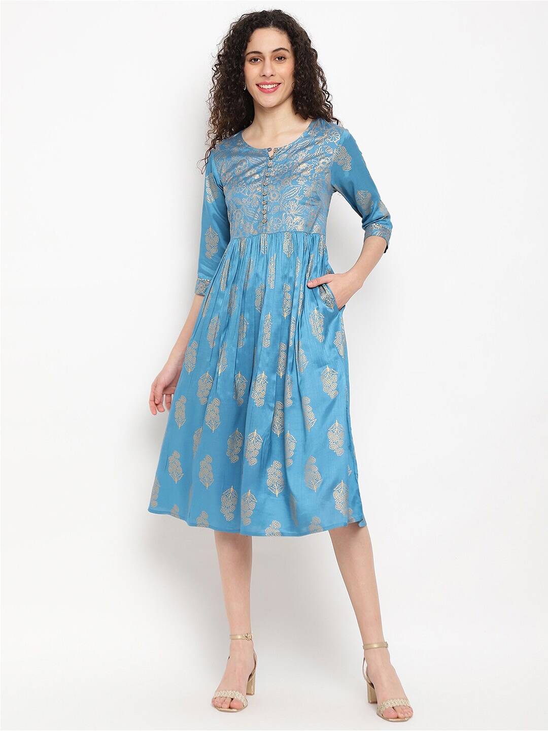 

IMARA Floral Printed Pleated Silk Fit & Flare Midi Ethnic Dress, Blue