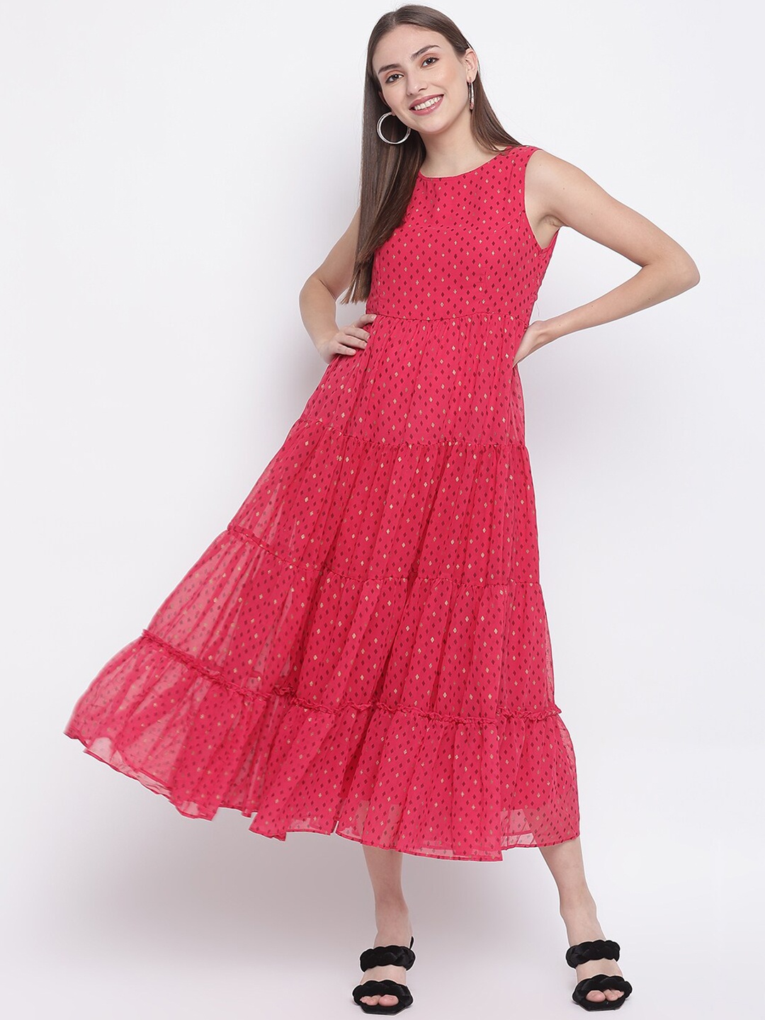 

IMARA Pink Print A-Line Midi Dress