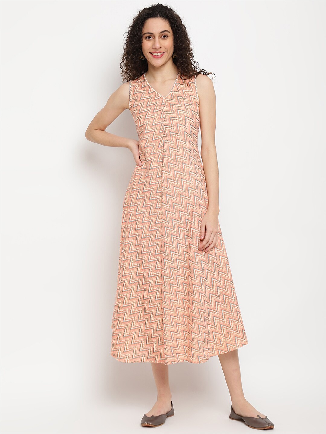 

IMARA Chevron Printed V-Neck A-Line Midi Dress, Peach