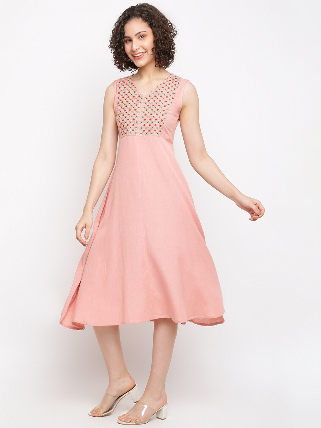 

IMARA Floral Embroidered V-Neck A-Line Dress, Pink