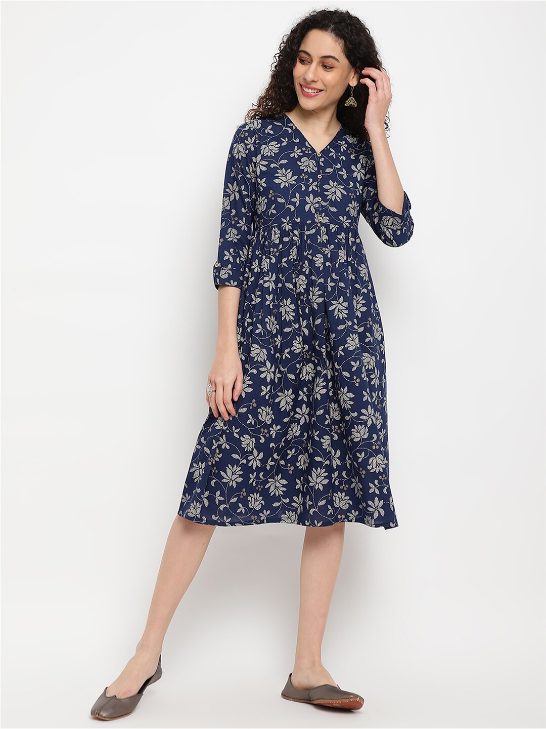 

IMARA Floral Printed V-Neck Gathered A-Line Dress, Blue