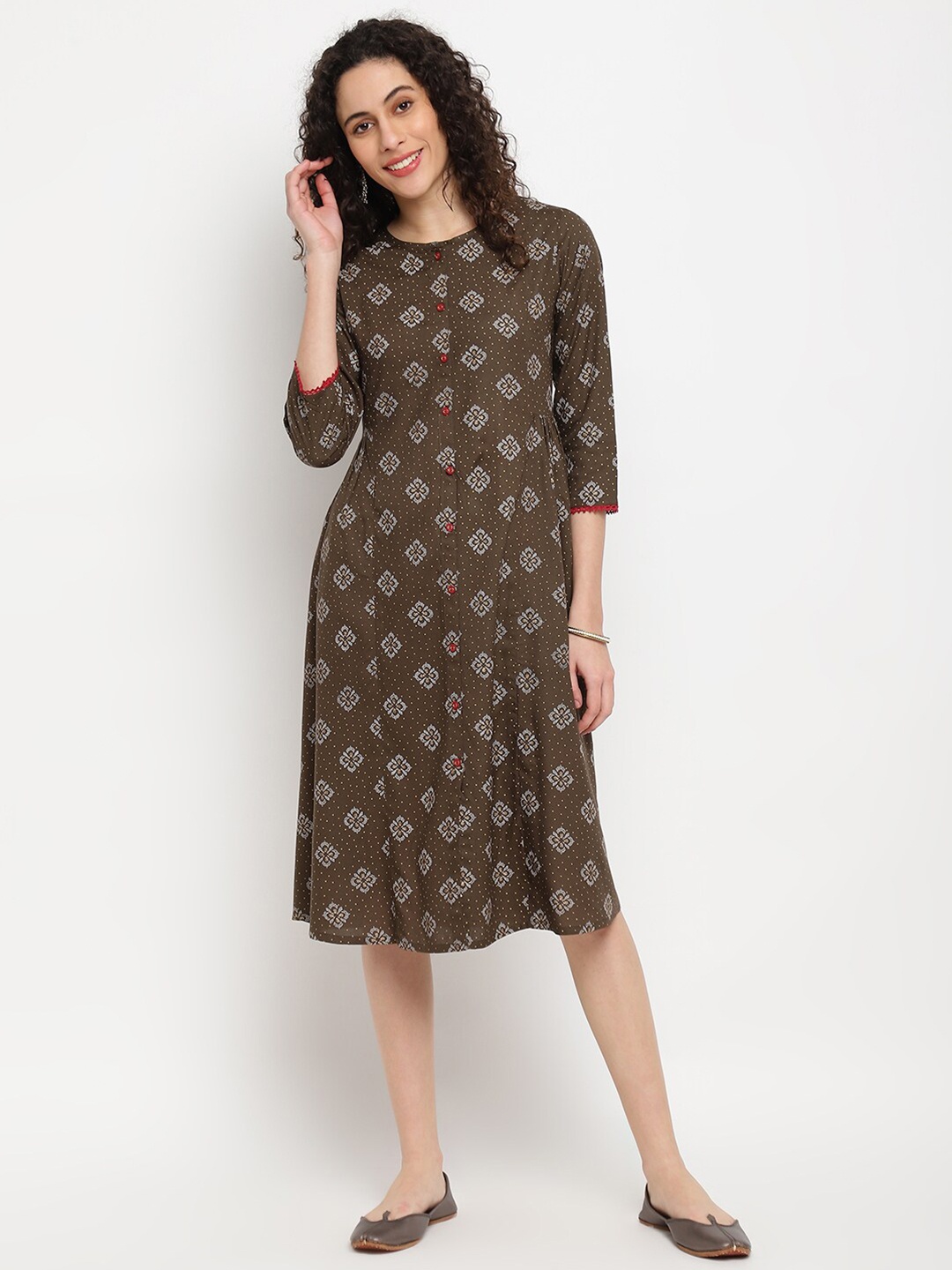 

IMARA Floral Printed A-Line Midi Dress, Olive