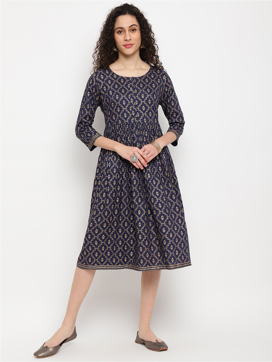 

IMARA Ethnic Motif Printed Gathered Fit & Flare Ethnic Dress, Navy blue