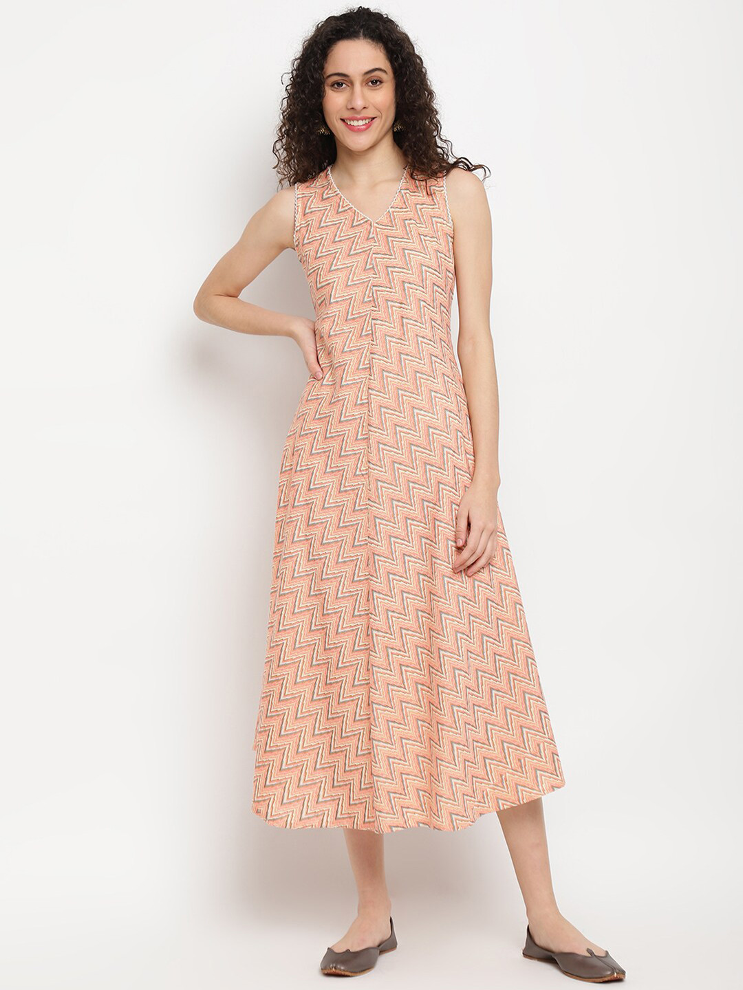 

IMARA Chevron Printed A-Line Midi Dress, Peach
