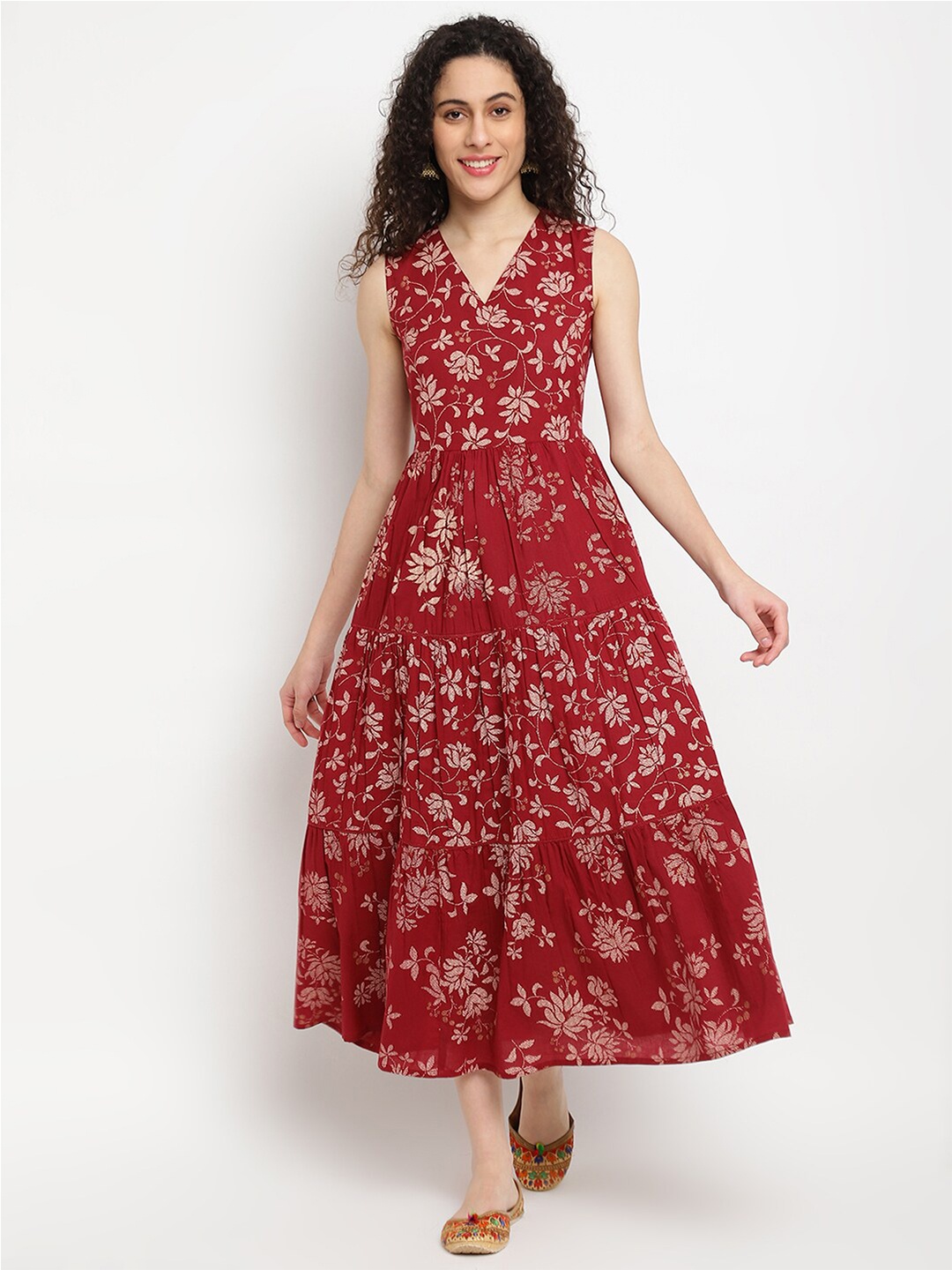 

IMARA Maroon Floral Print Fit & Flare Midi Dress