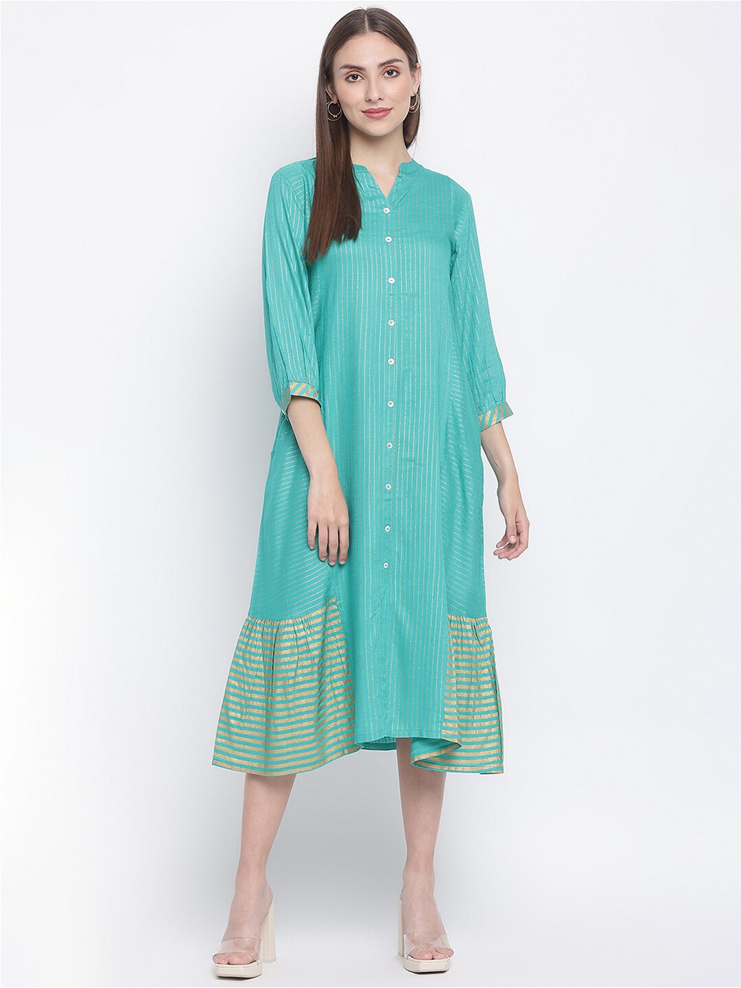 

IMARA Striped Mandarin Collar Shirt Midi Dress, Green