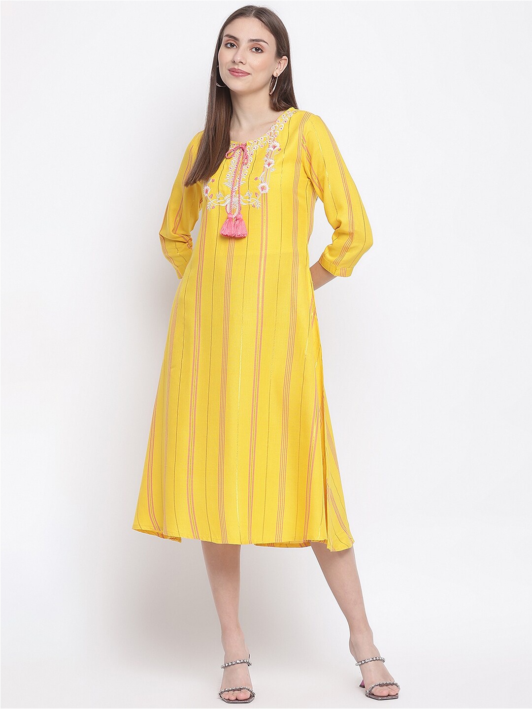 

IMARA Striped Embroidered Tie-Up Neck A-Line Midi Dress, Yellow
