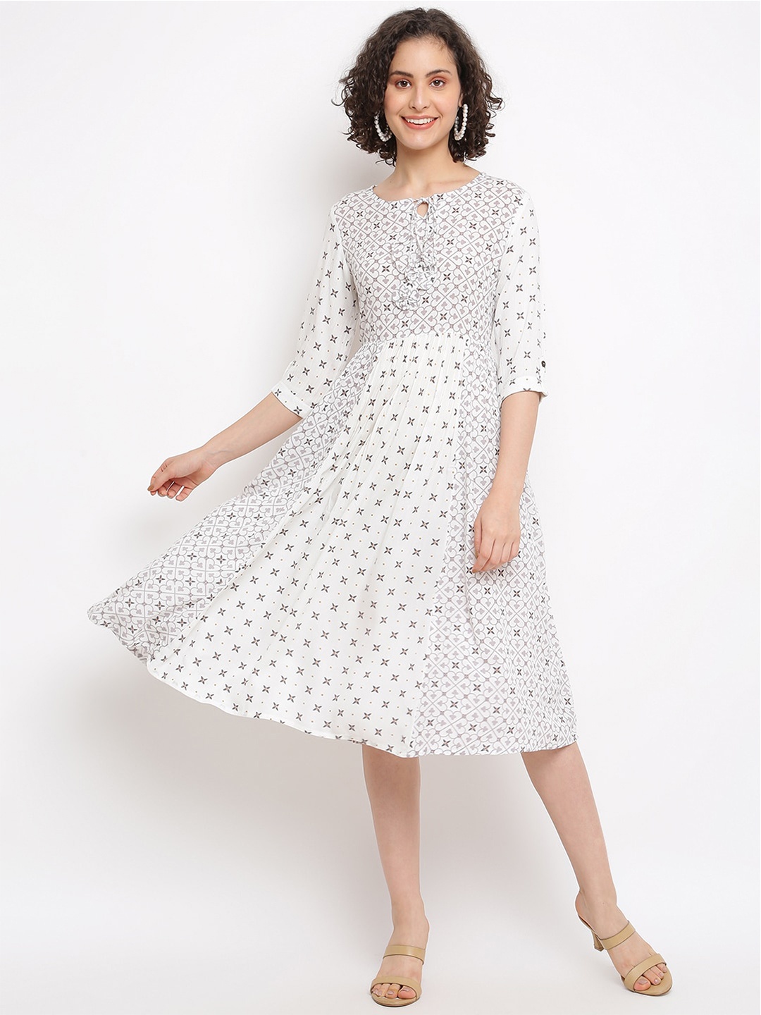 

IMARA Floral Printed Tie-Up Neck Gathered Fit & Flare Midi Dress, Off white
