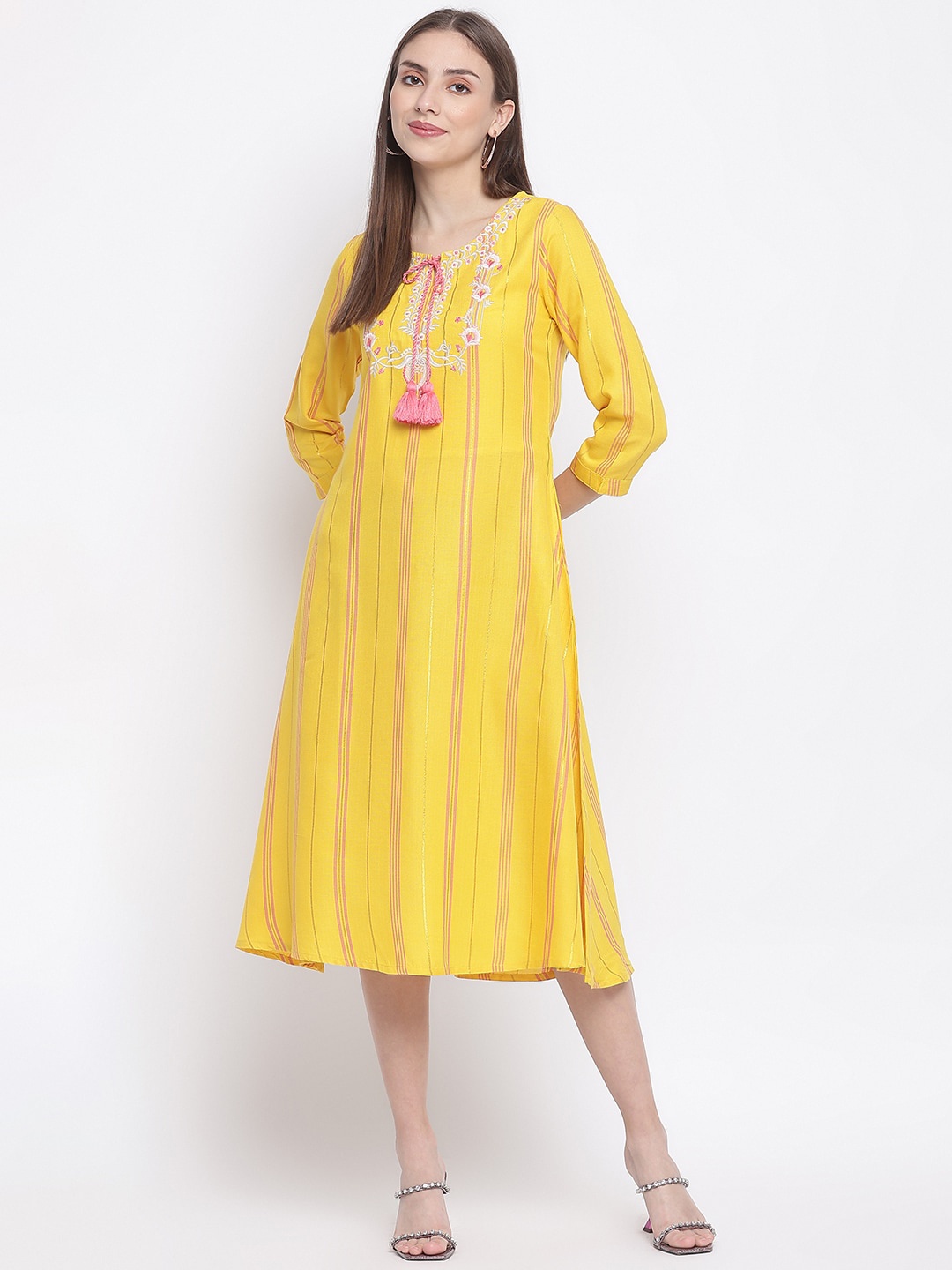 

IMARA Striped Embroidered Tie-Up Neck A-Line Midi Dress, Yellow