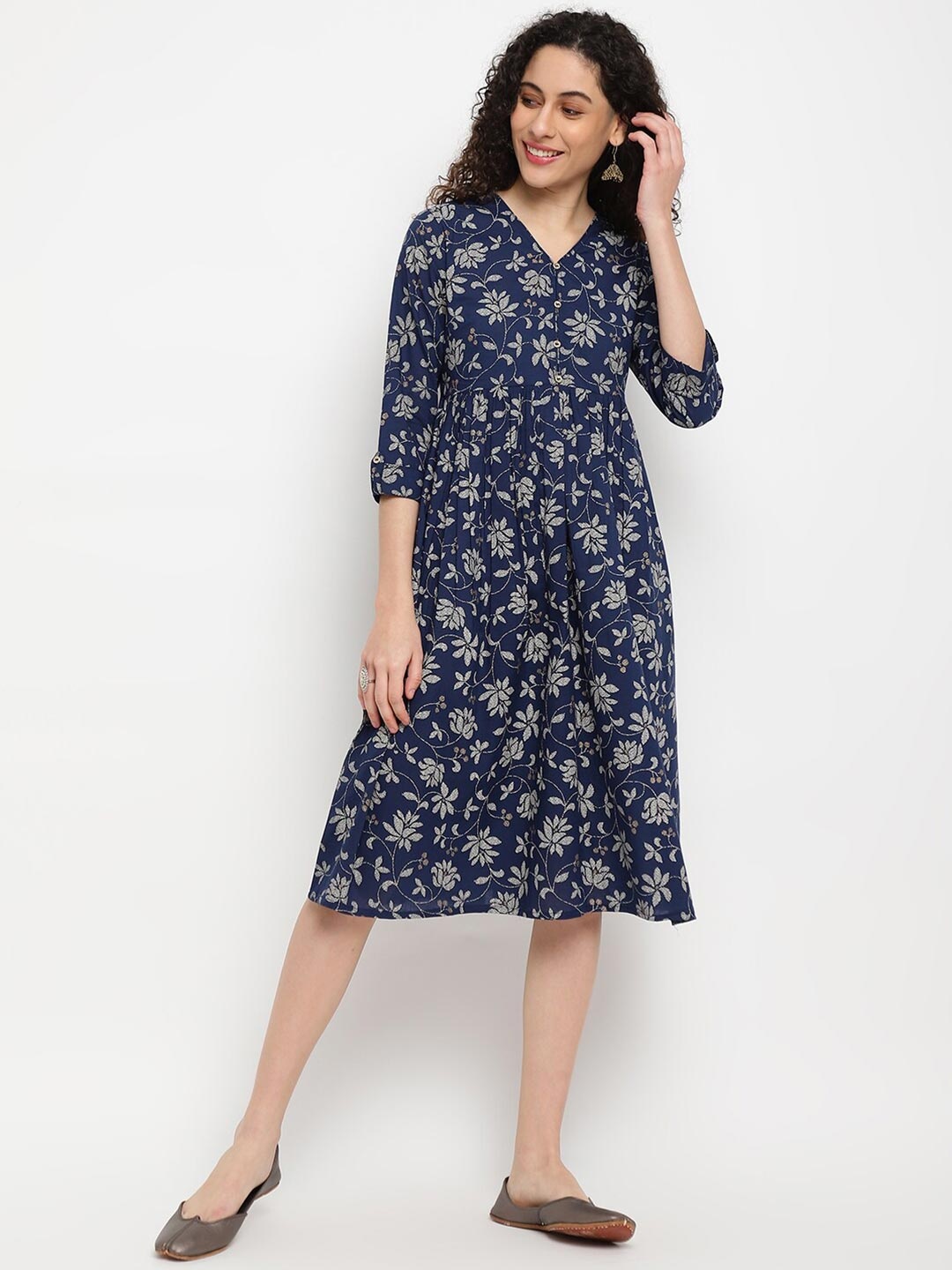 

IMARA Blue Floral Printed Gathered A-Line Dress
