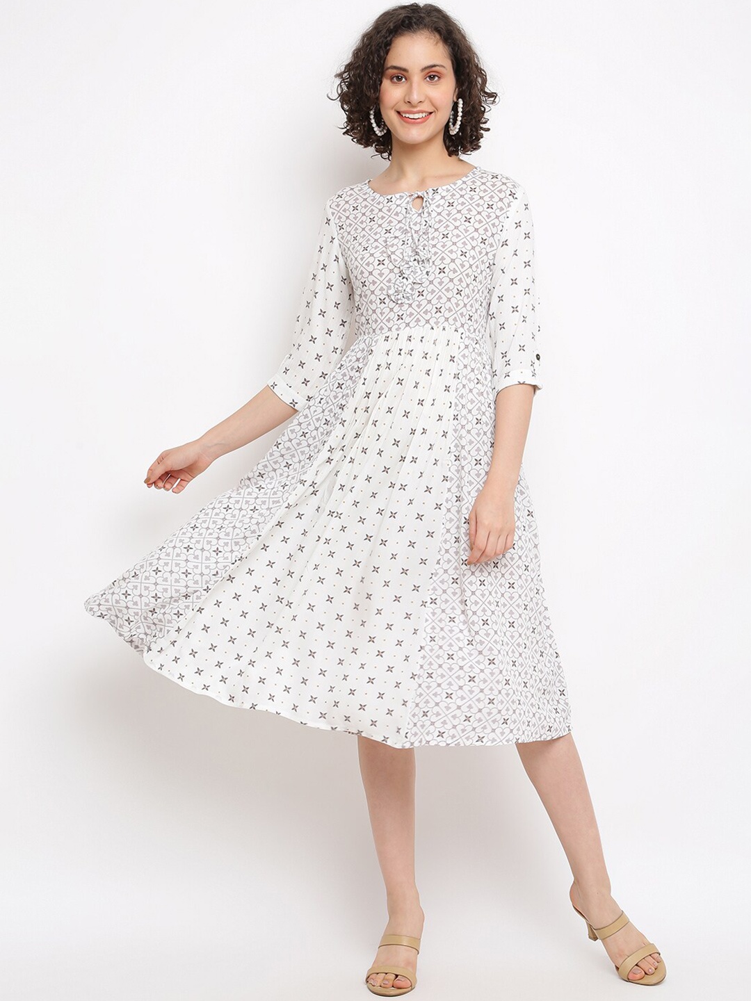 

IMARA Floral Printed Tie-Up Neck Fit & Flare Midi Dress, Off white