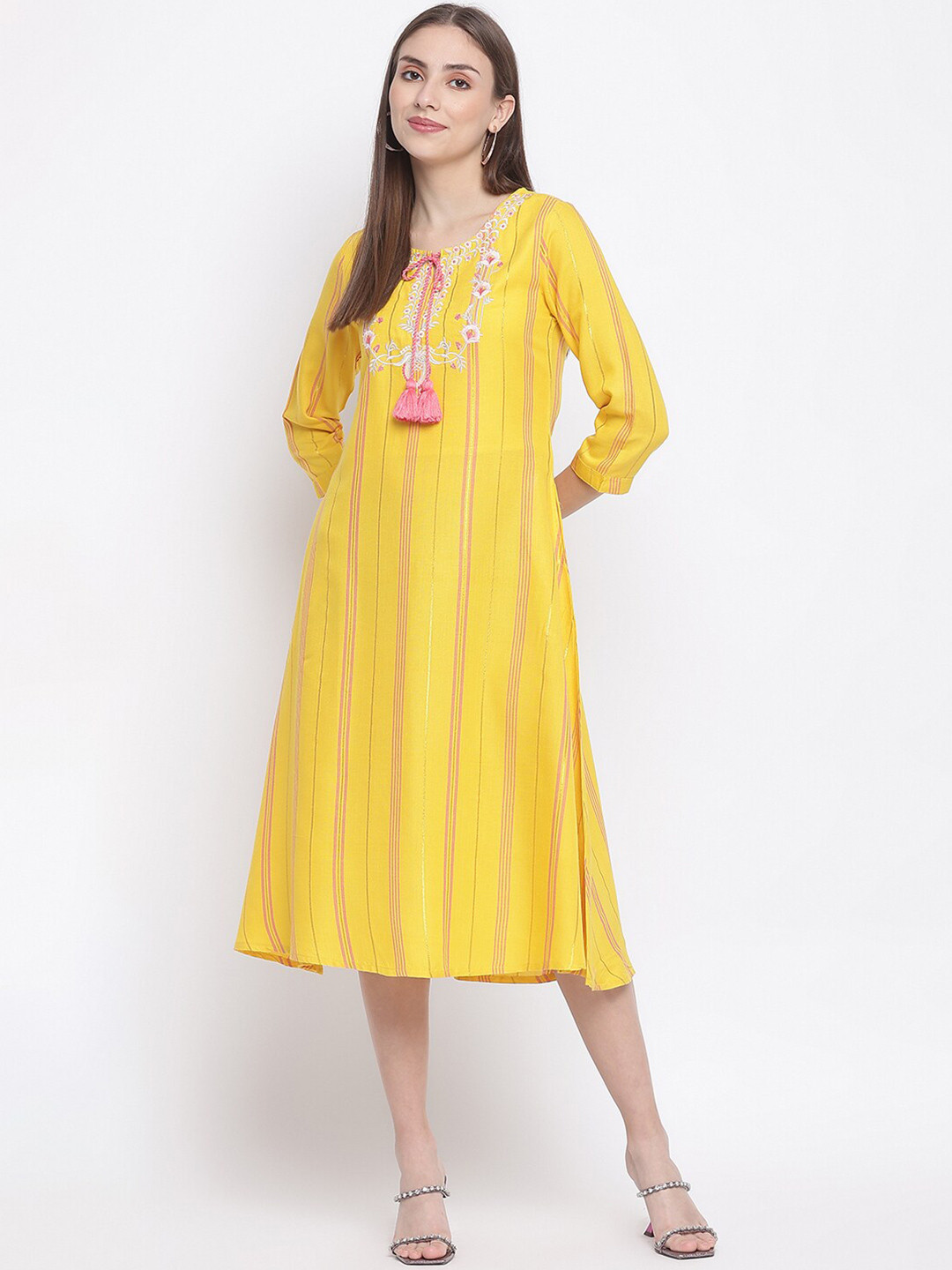 

IMARA Striped Embroidered Tie-Up Neck A-Line Midi Dress, Yellow