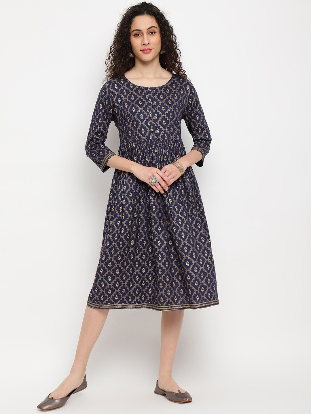 

IMARA Floral Printed Gathered Fit & Flare Dress, Navy blue