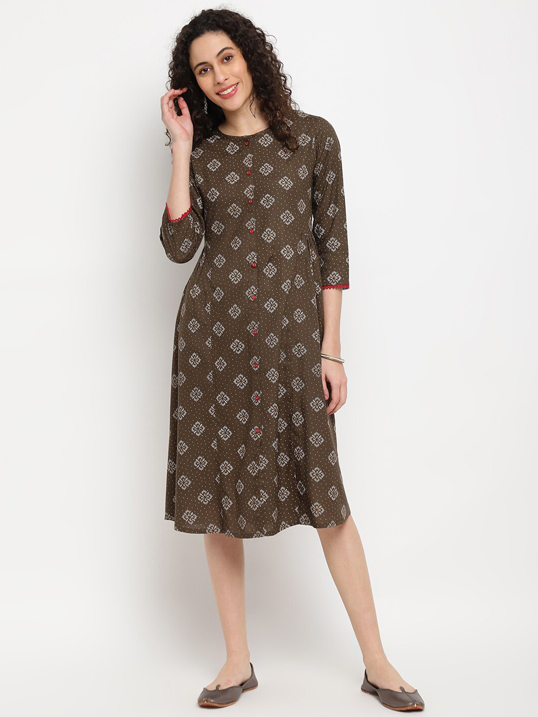 

IMARA Ethnic Motifs Print A-Line Midi Dress, Brown