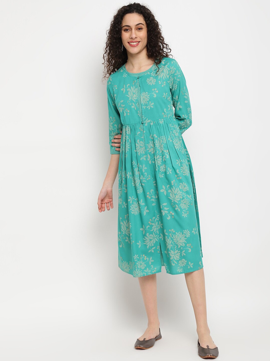 

IMARA Floral Print Fit & Flare Midi Dress, Green