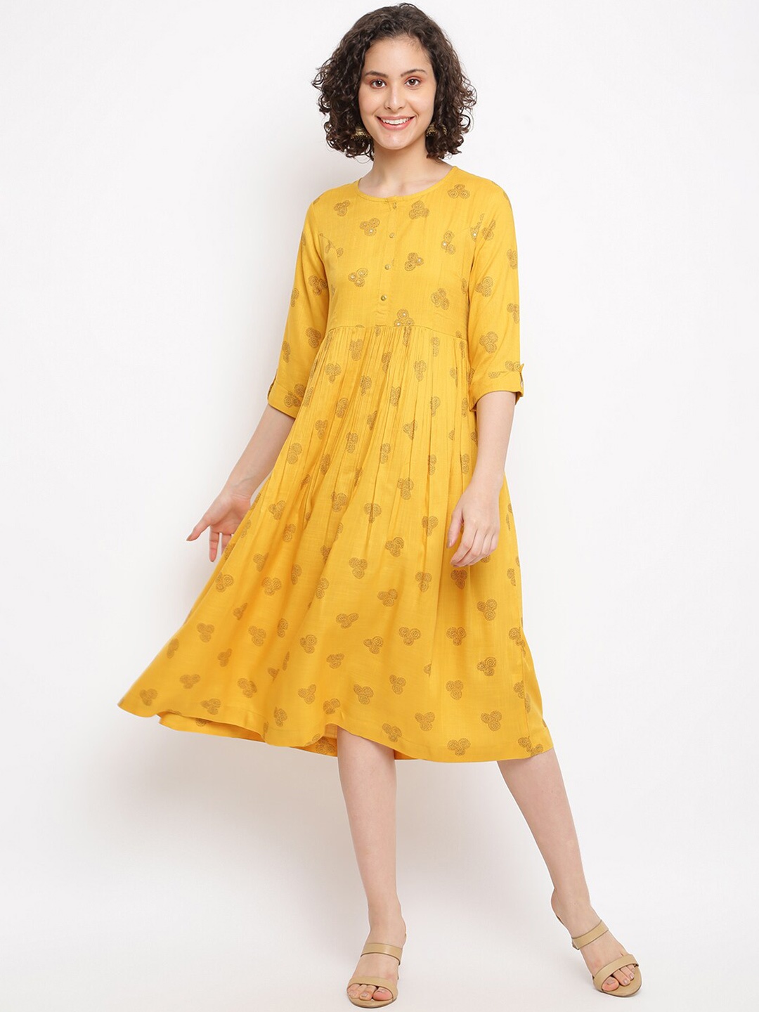 

IMARA Floral Printed A-Line Midi Dress, Mustard