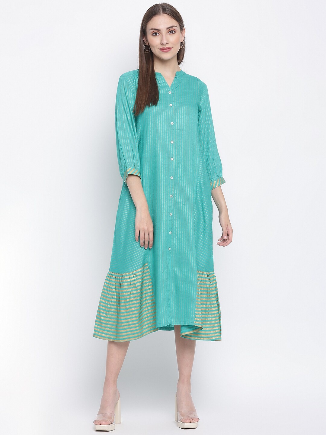 

IMARA Striped A-Line Midi Dress, Green