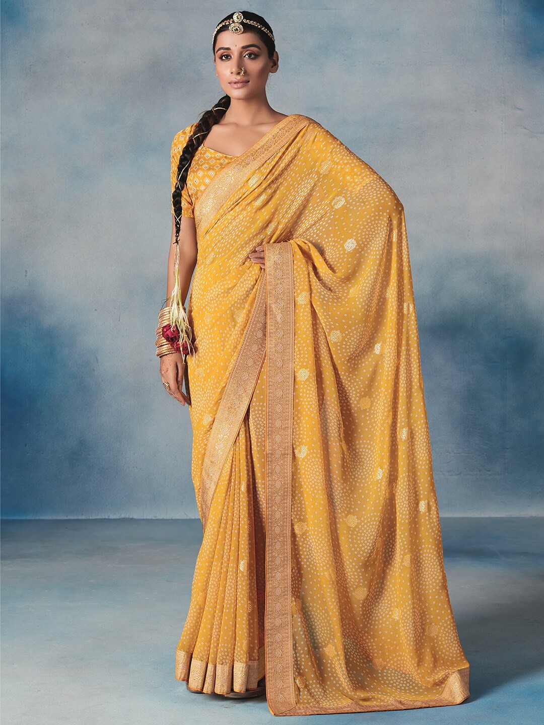 

Satrani Yellow & Gold Bandhani Screen Printed Zari Saree, Mustard