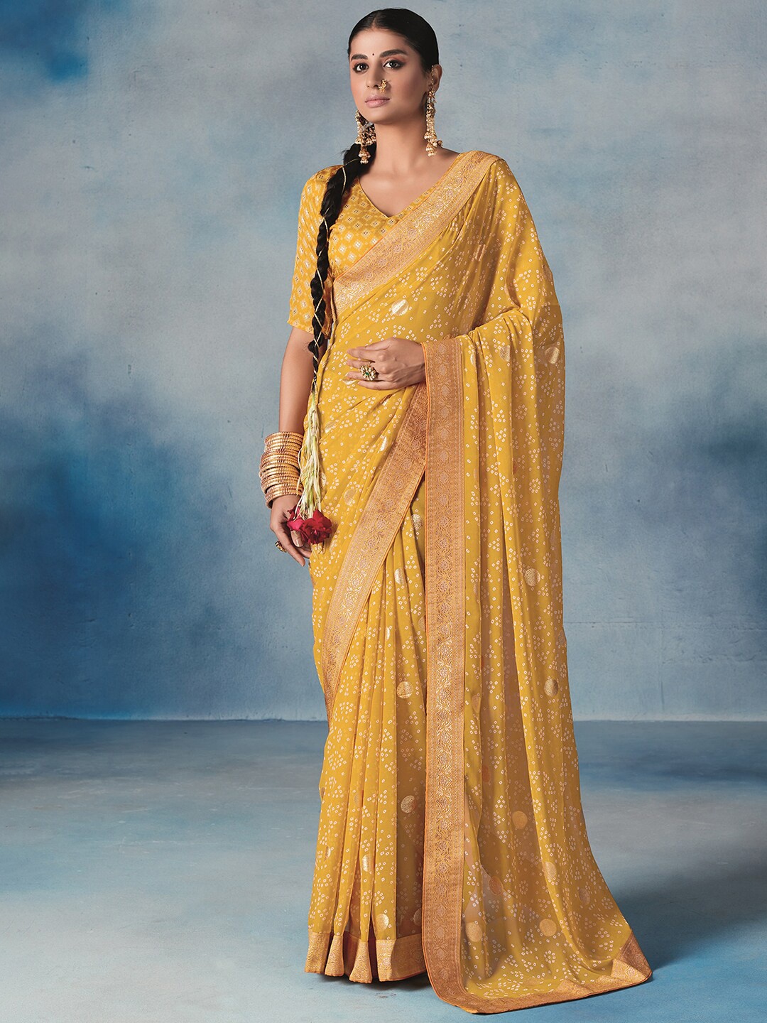 

Satrani Yellow & Gold Bandhani Screen Printed Zari Saree