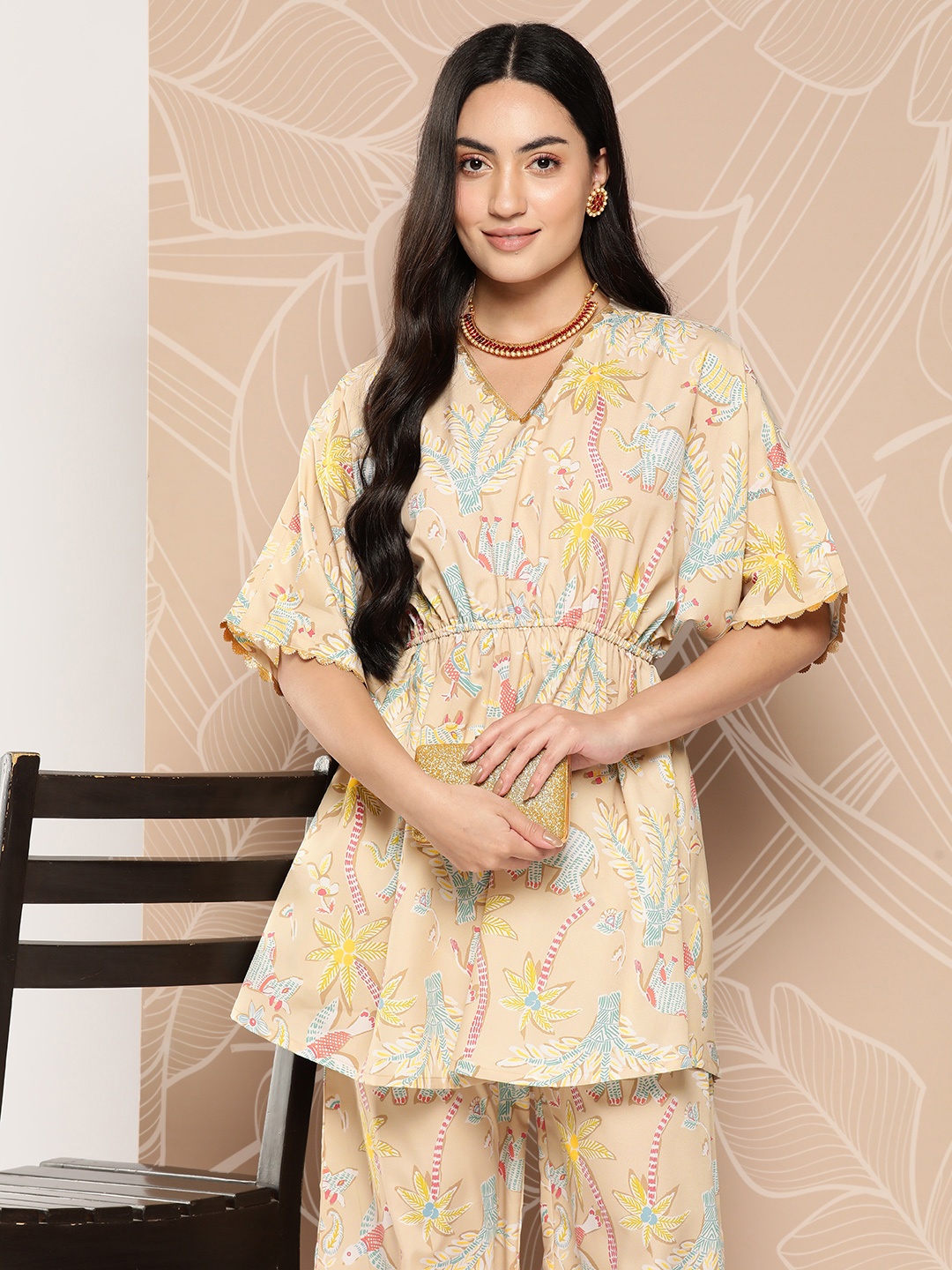 

Ahalyaa Women Printed Crepe Tunic With Palazzos, Tan