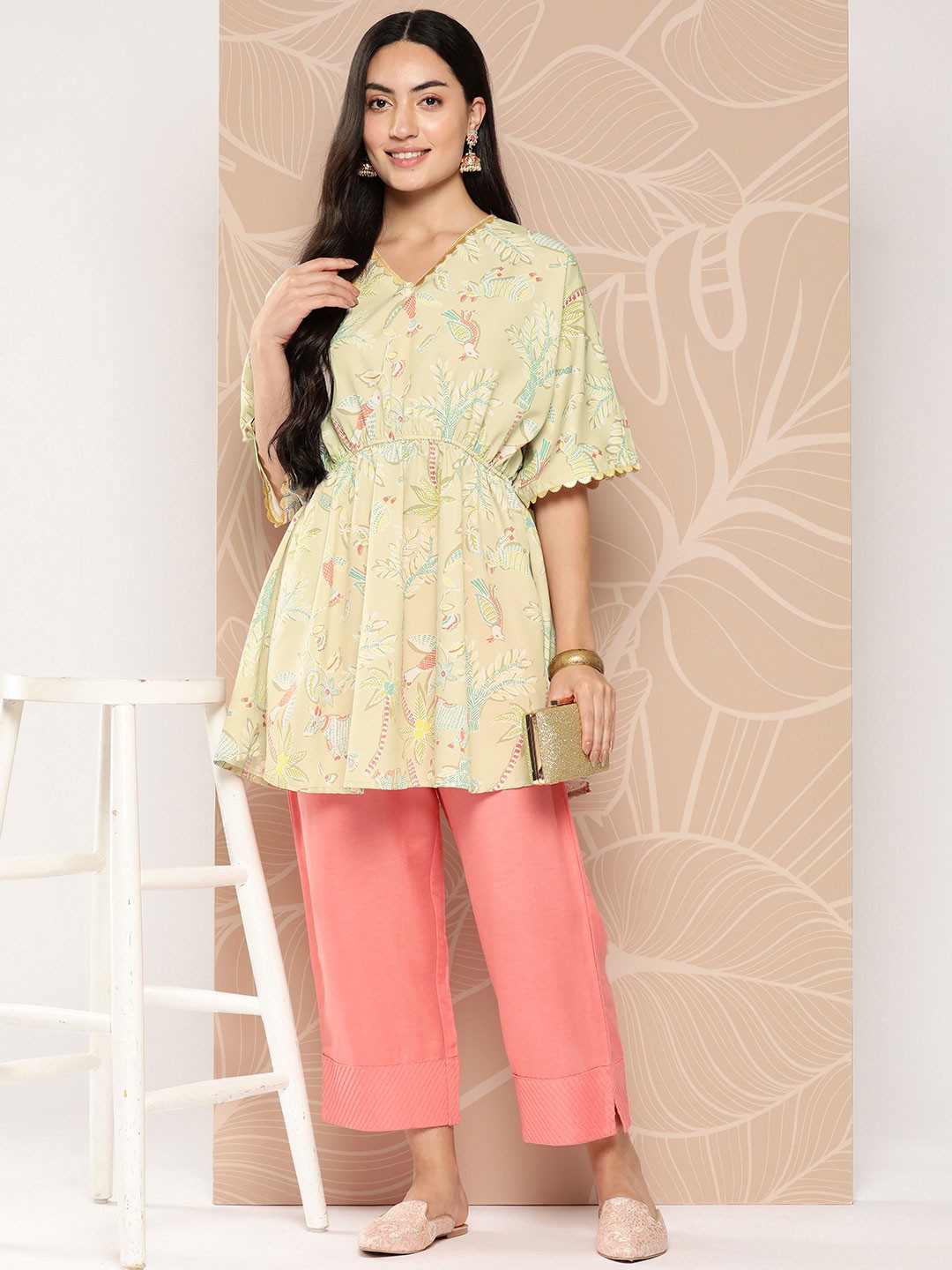 

Ahalyaa Gathered Conversational Printed Tunic, Tan