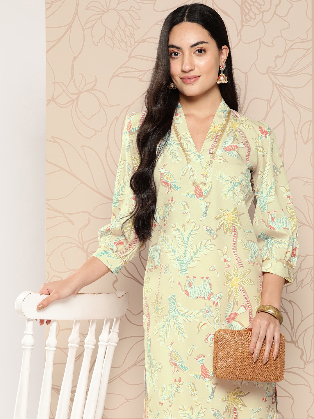 

Ahalyaa Women Floral Printed Gotta Patti Crepe Kurta, Tan