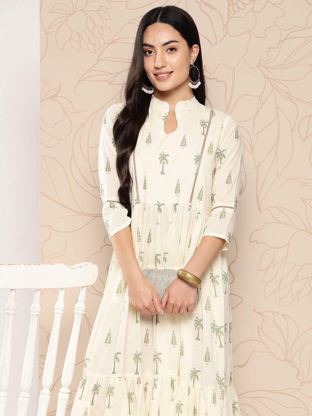 

Ahalyaa Tropical Printed Gathered Empire Pure Cotton Ethnic Dress, Off white