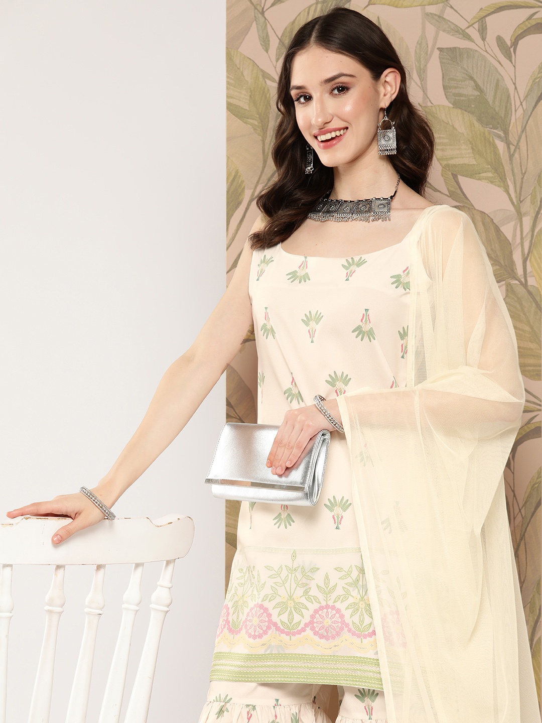 

Ahalyaa Women Floral Printed Regular Kurti with Sharara & With Dupatta, Off white