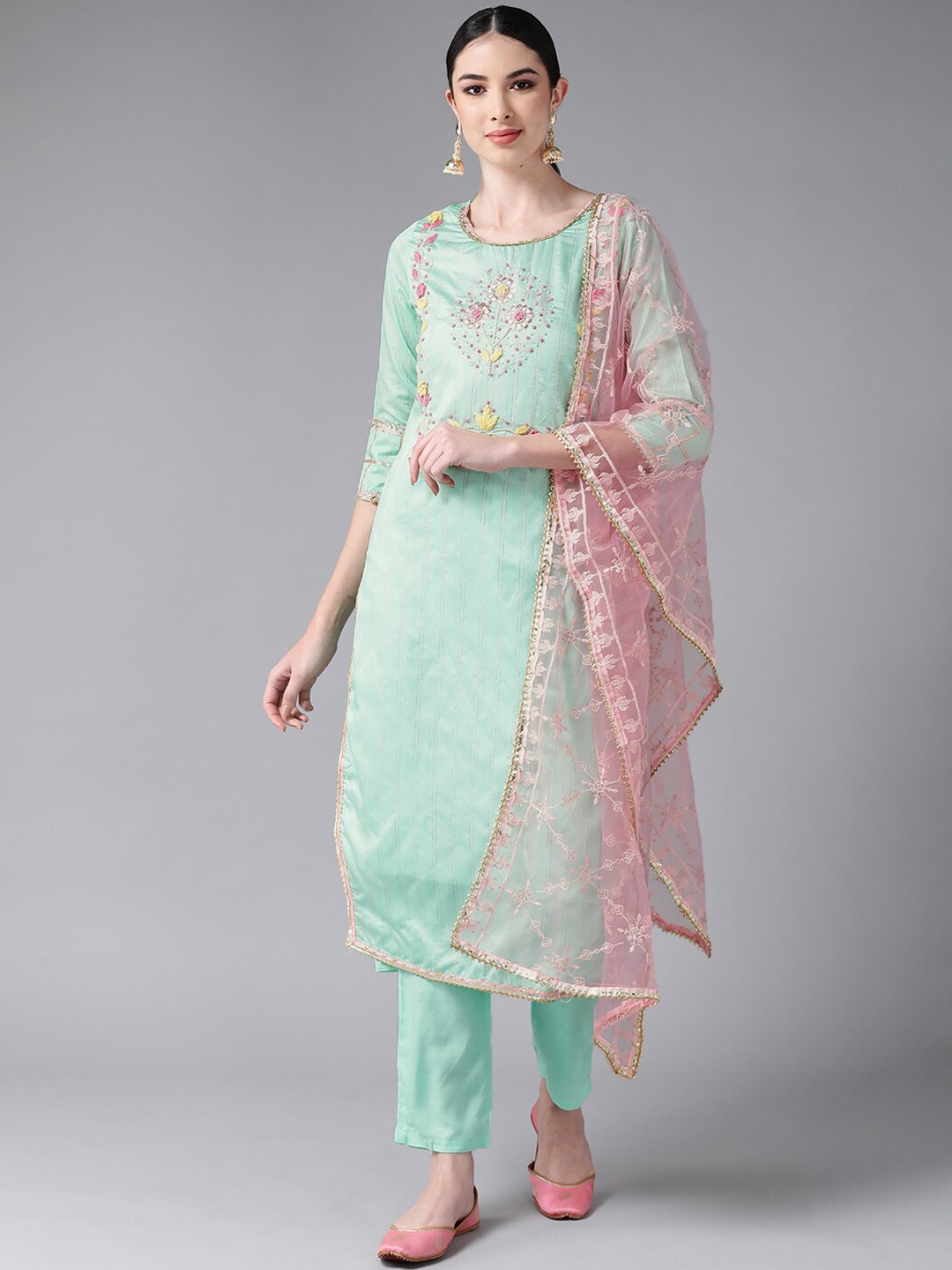 

Ishin Sea Green & Pink Embroidered Beads Chanderi Silk Kurta with Trousers & Dupatta