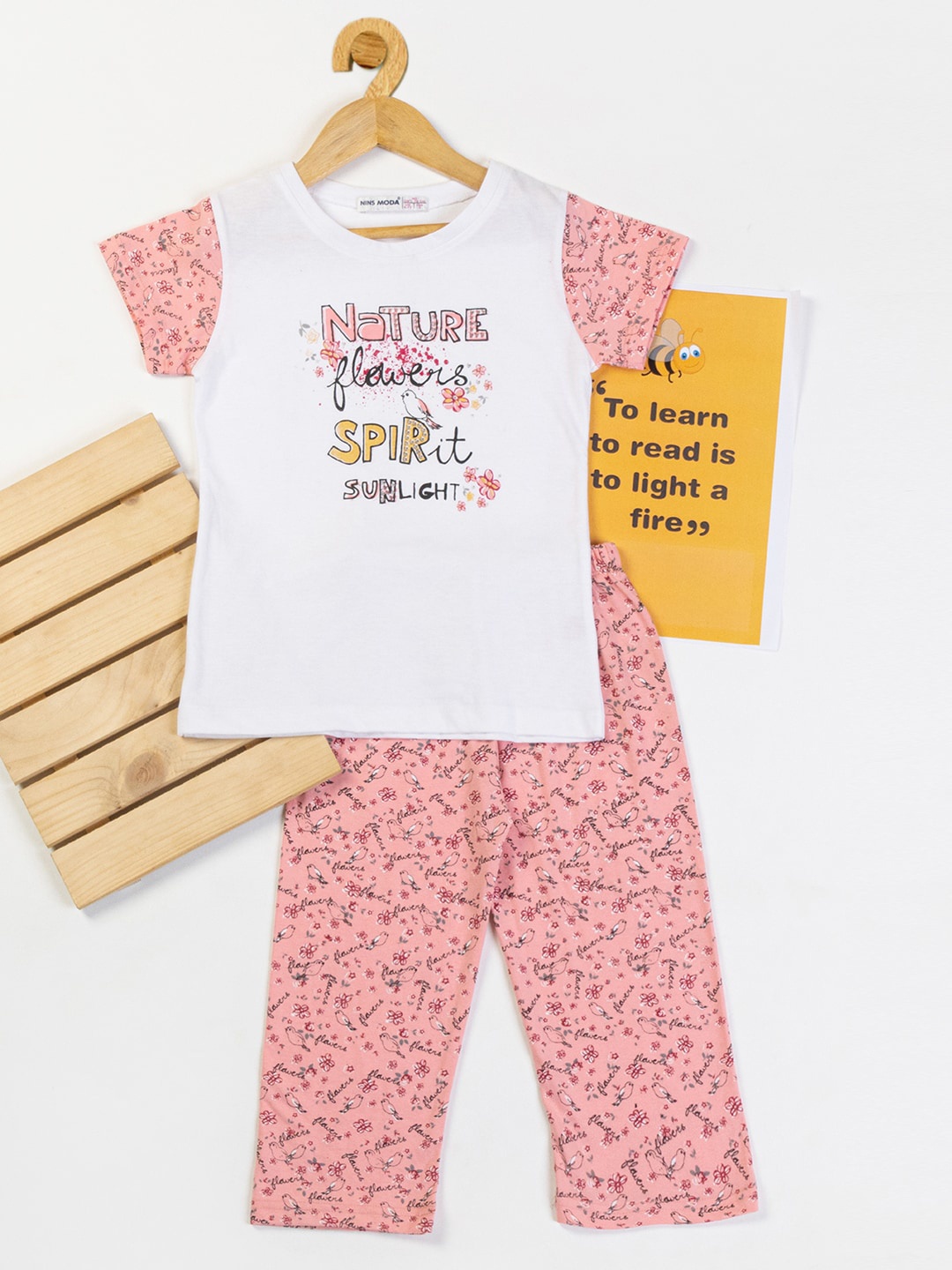 

Nins Moda Girls Floral Printed Night Suit, Peach