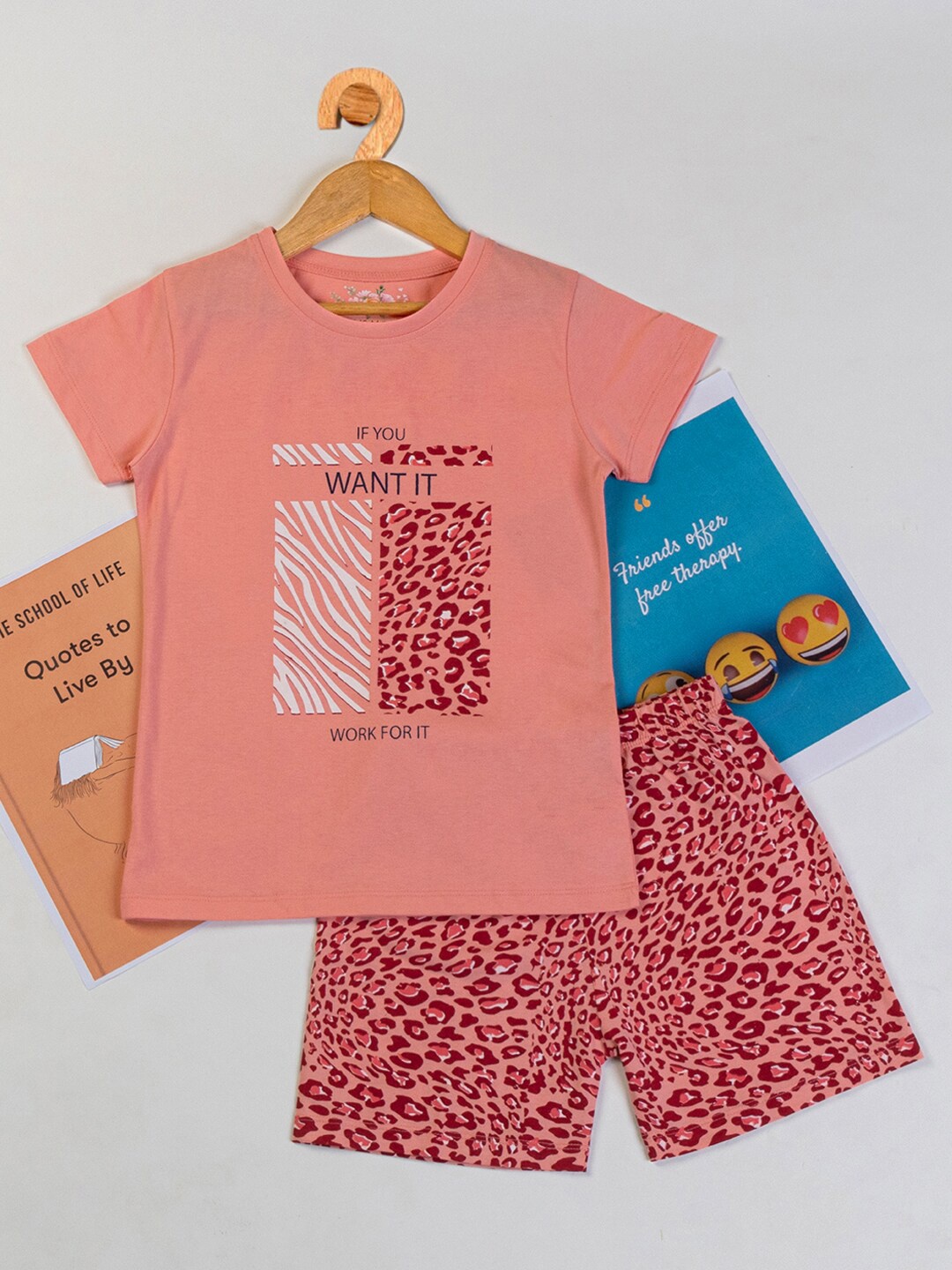 

Nins Moda Girls Animal Printed Night Suit, Peach