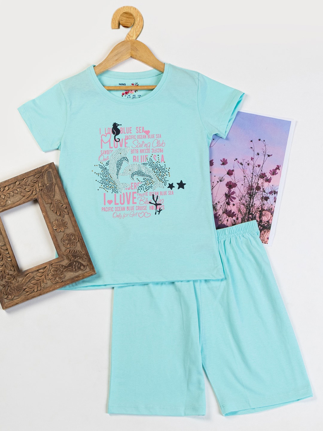 

Nins Moda Girls Graphic Printed Night Suit, Turquoise blue