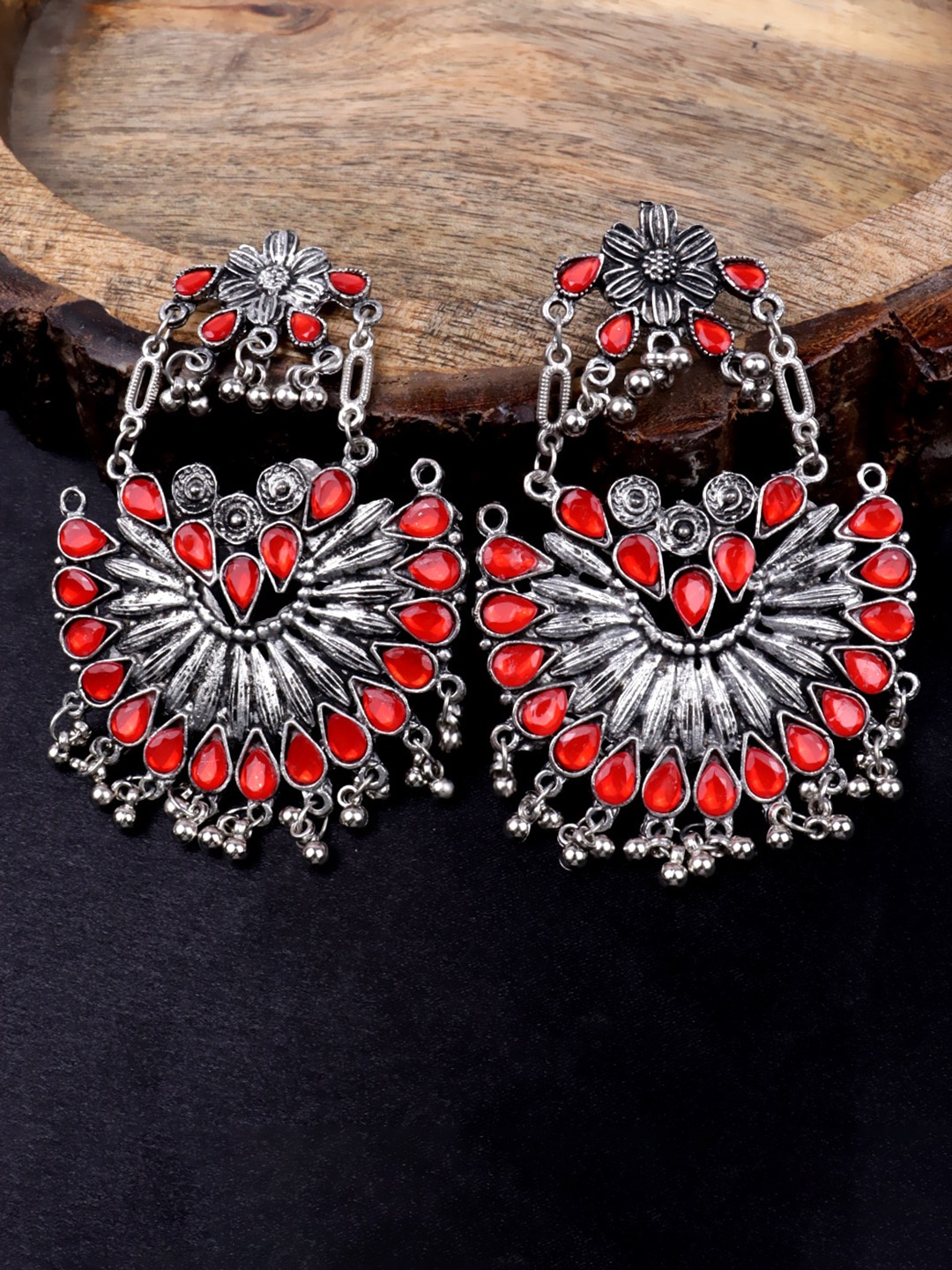 

VAGHBHATT Silver-Plated Stone Studed Oxidised Floral Drop Earrings