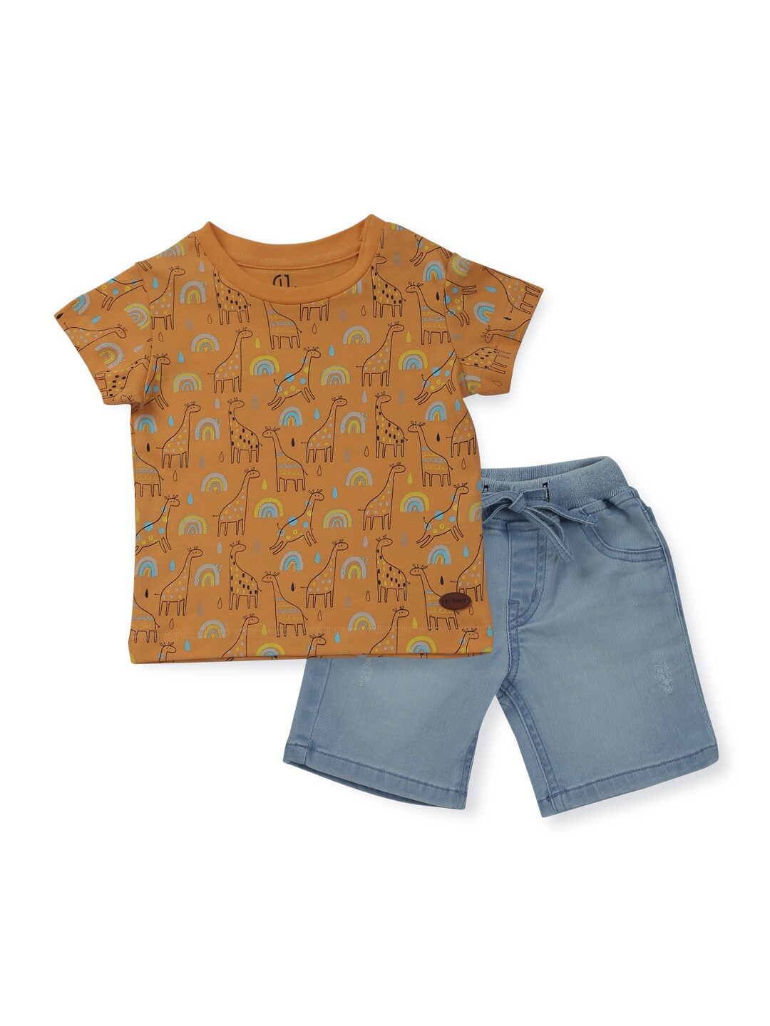 

GJ baby Boys Graphic Printed Pure Cotton T-shirt with Shorts, Brown