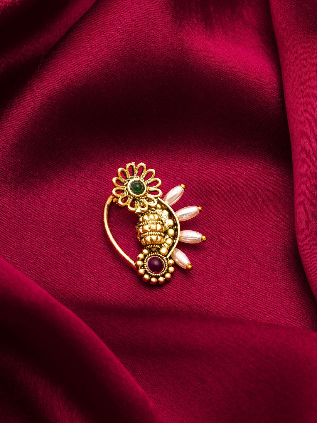 

aadita Stone Studded & Pearls Beaded Nosepin, Gold