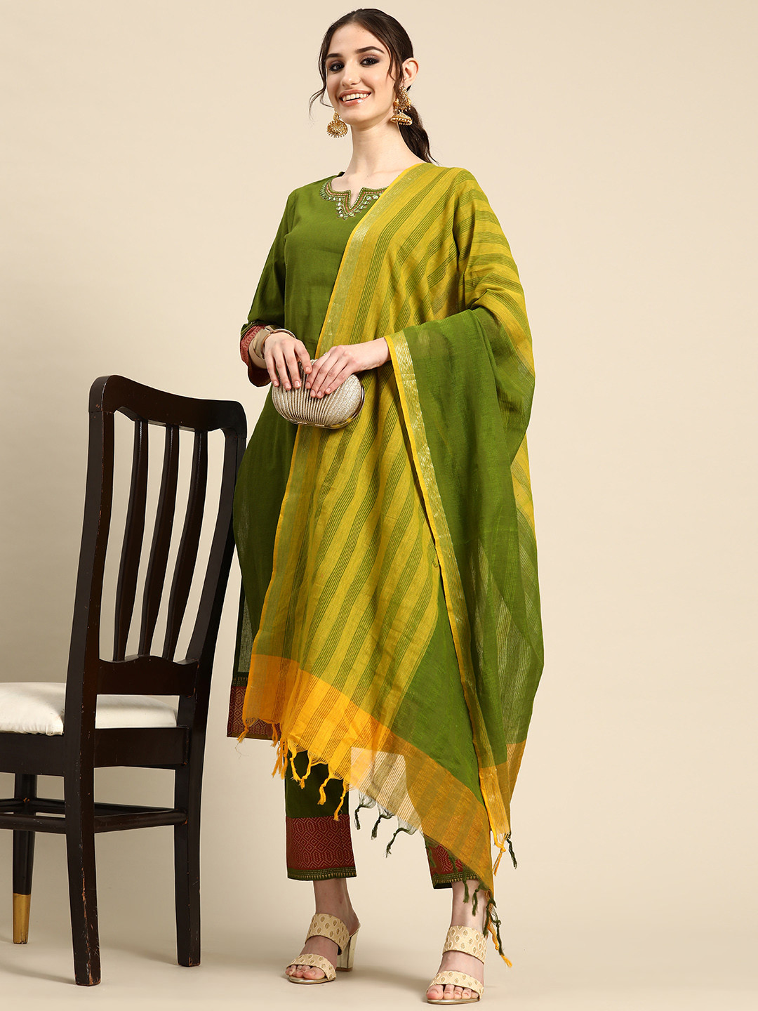 

Sangria Women Embroidered Mirror Work Pure Cotton Kurta with Trousers & With Dupatta, Green