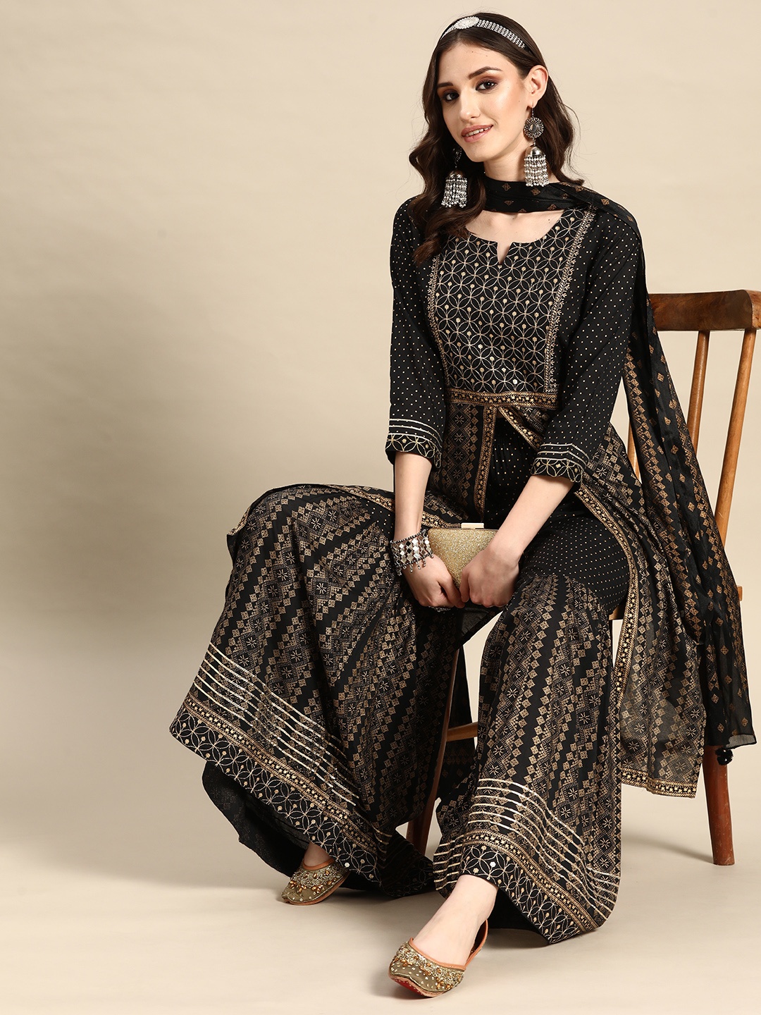 

Sangria Women Embroidered Regular Sequinned Kurta with Sharara & With Dupatta, Black