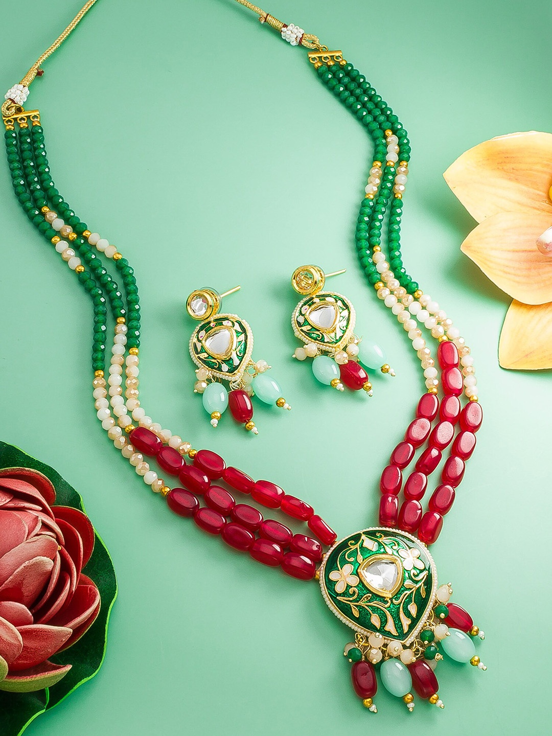 

aadita Stone Studded & Pearls Beaded Temple Jewellery Set, Gold