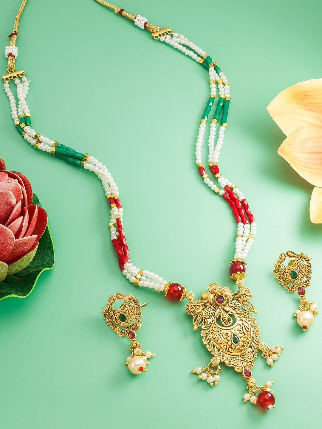 aadita Gold-Plated Stones Studded & Beaded Temple Jewellery Set
