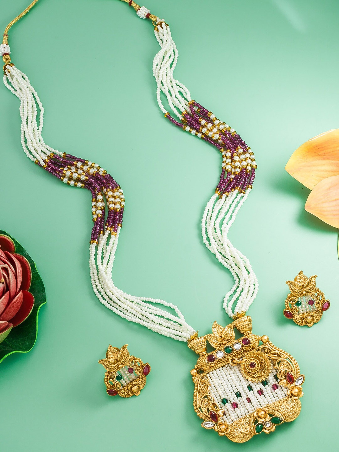 

aadita Stone Studded & Pearls Beaded Temple Jewellery Set, Gold