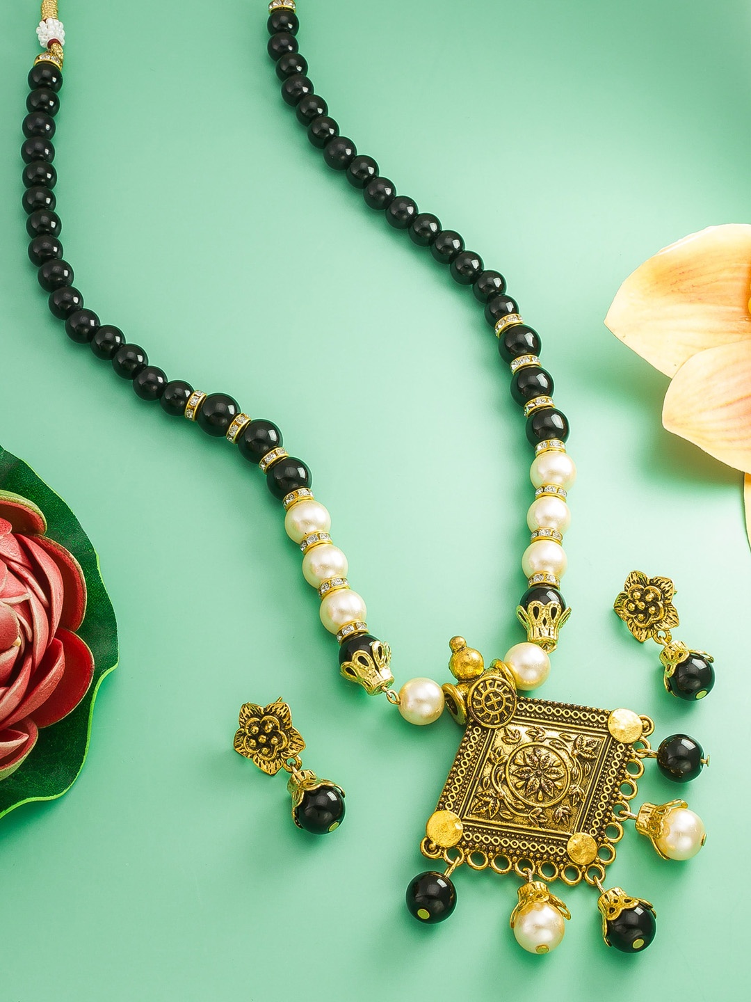 aadita Stone Studded & Pearls Studded Temple Jewellery Set, Gold