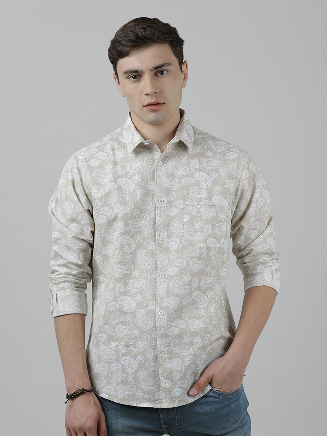 

Crocodile Floral And Paisely Printed Opaque Casual Cotton Shirt, Beige