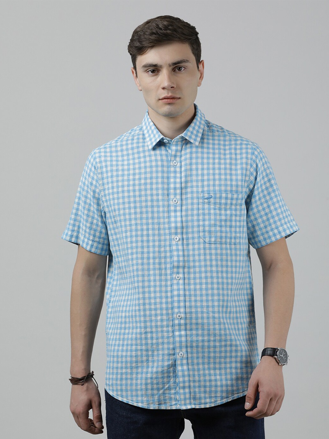 

Crocodile Grid Tattersall Checks Linen Casual Shirt, Turquoise blue